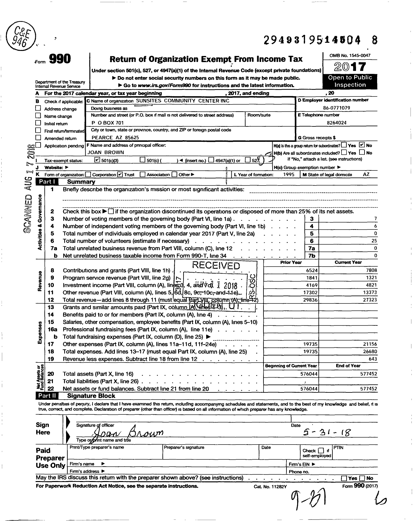 Image of first page of 2017 Form 990 for Sunsites Community Center