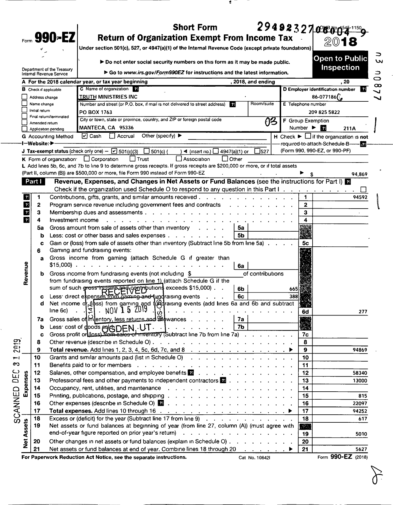 Image of first page of 2018 Form 990EZ for Truth Ministries