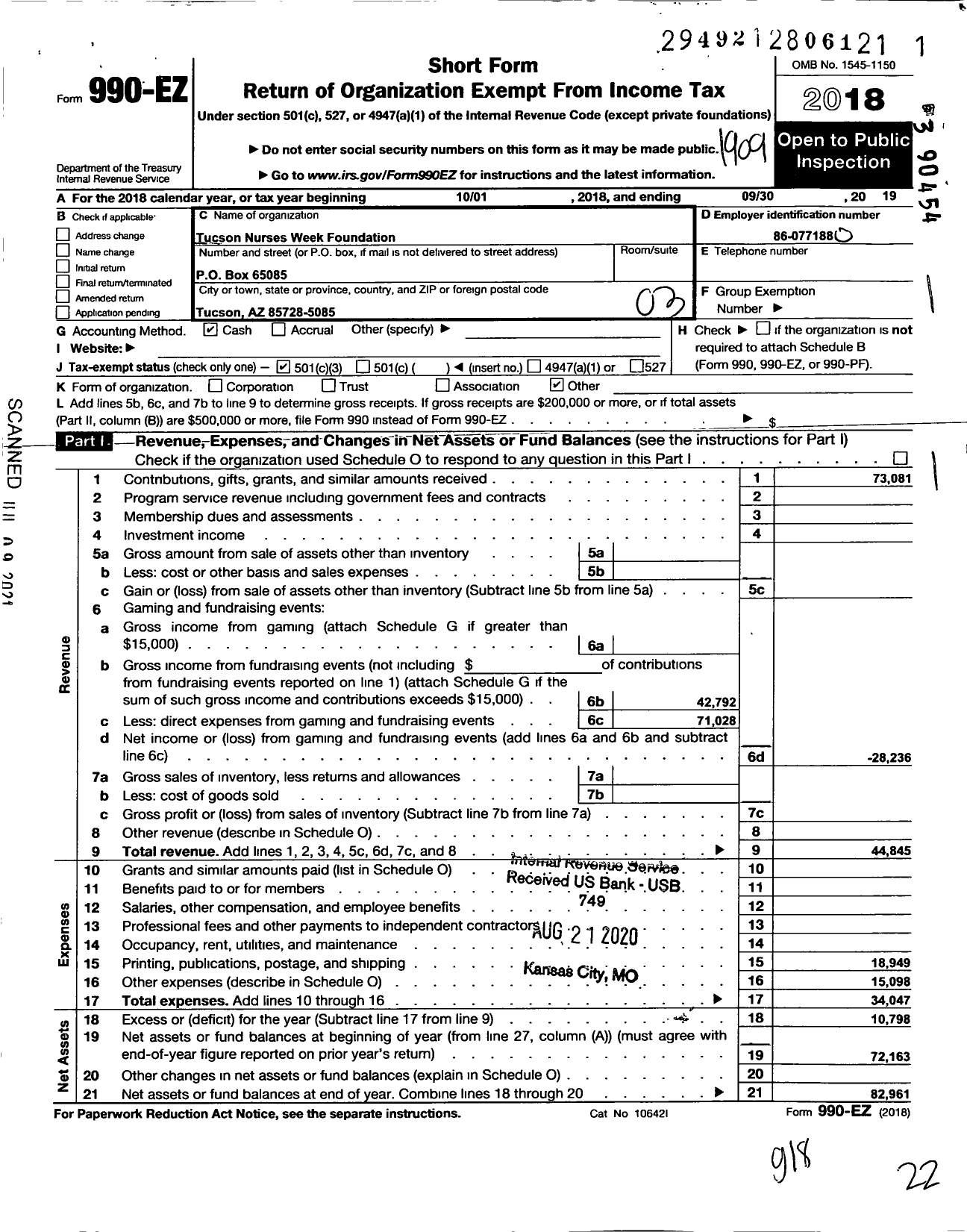 Image of first page of 2018 Form 990EZ for Tucson Nurses Week Foundation