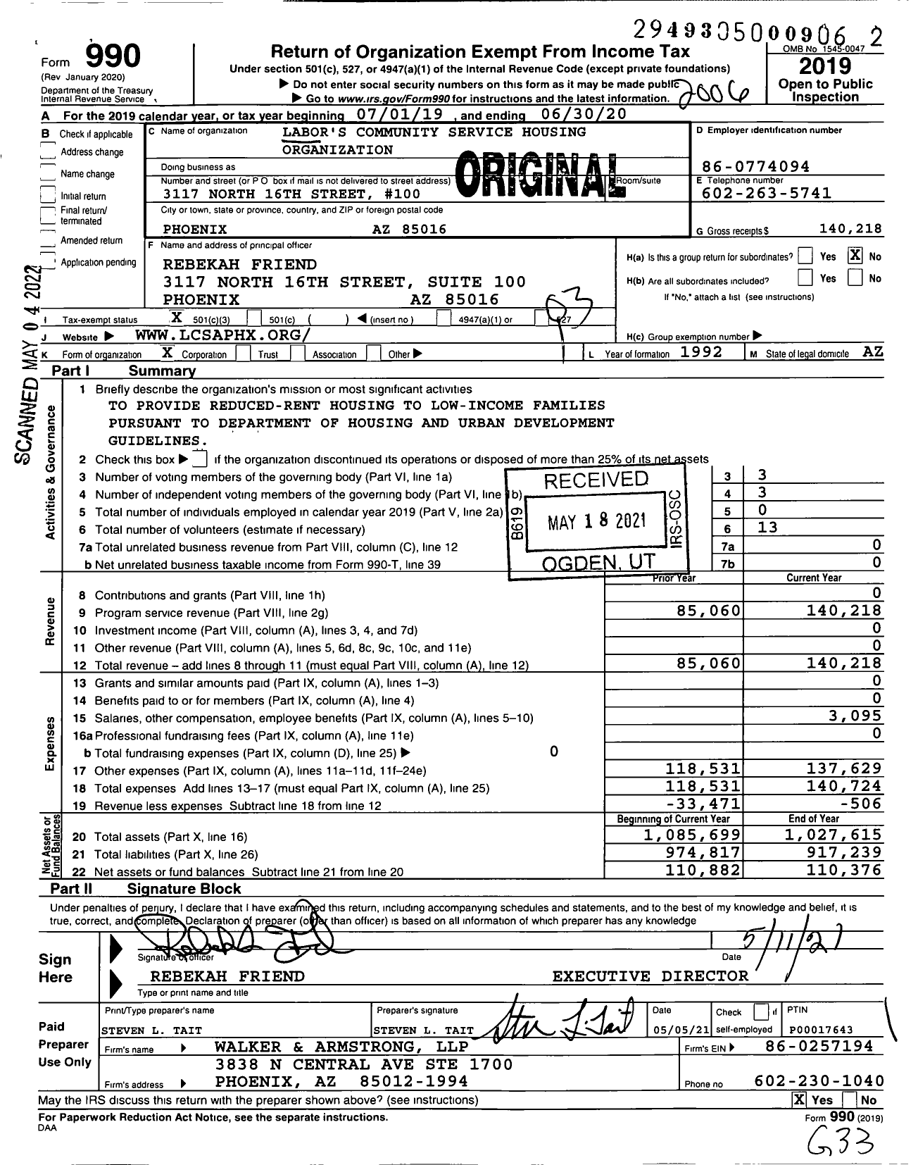 Image of first page of 2019 Form 990 for Labor's Community Service Housing Organization