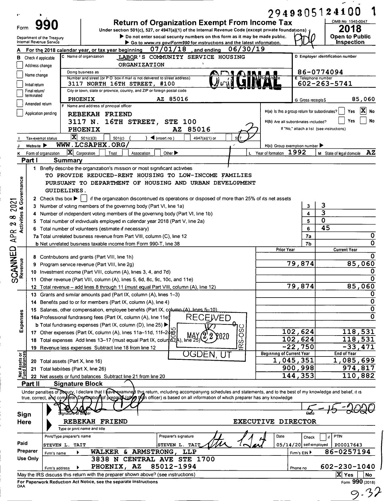 Image of first page of 2018 Form 990 for Labor's Community Service Housing Organization