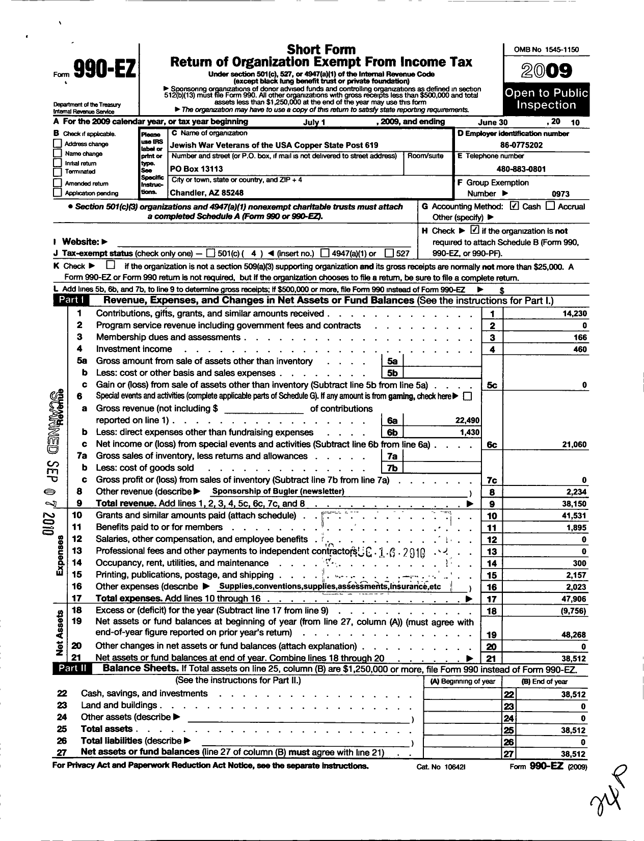 Image of first page of 2009 Form 990EO for Jewish War Veterans of the United States of America - 619 Copper State Post