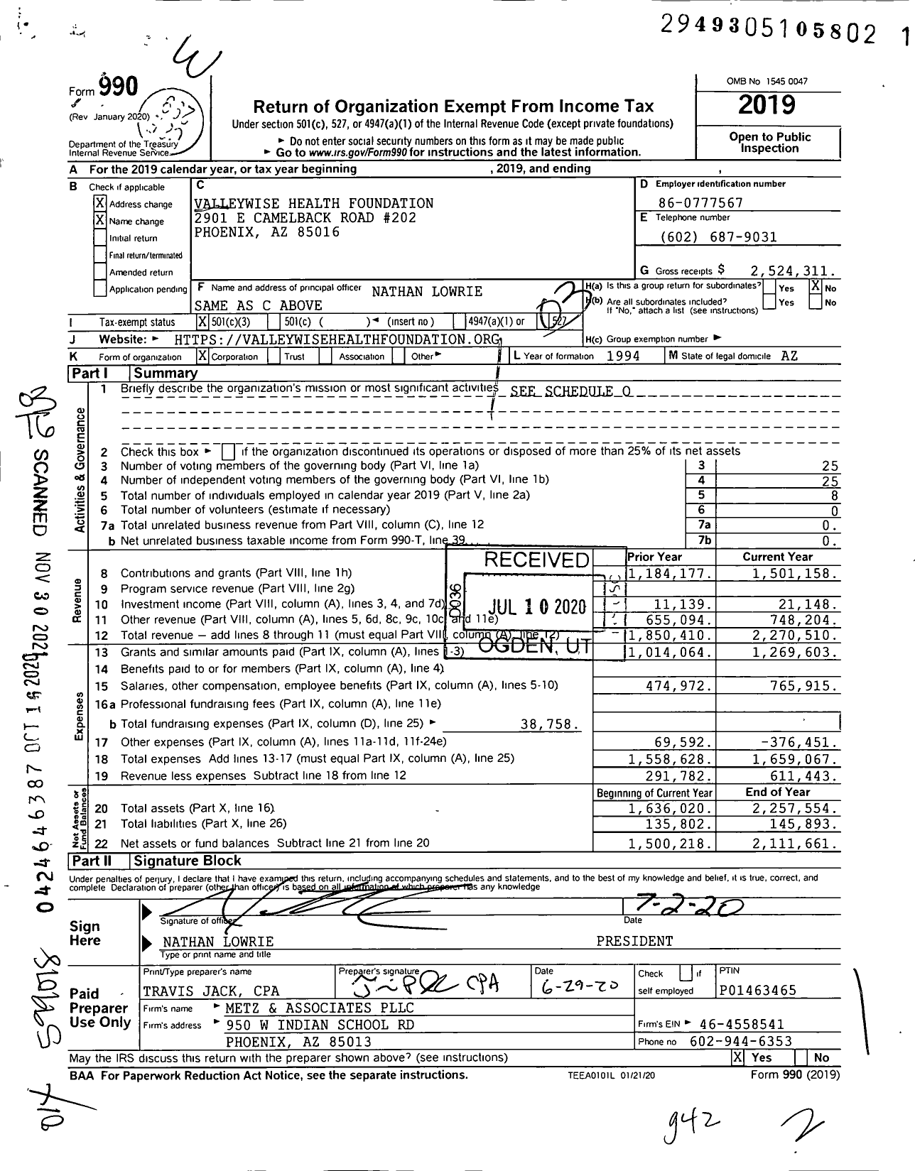 Image of first page of 2019 Form 990 for Valleywise Health Foundation