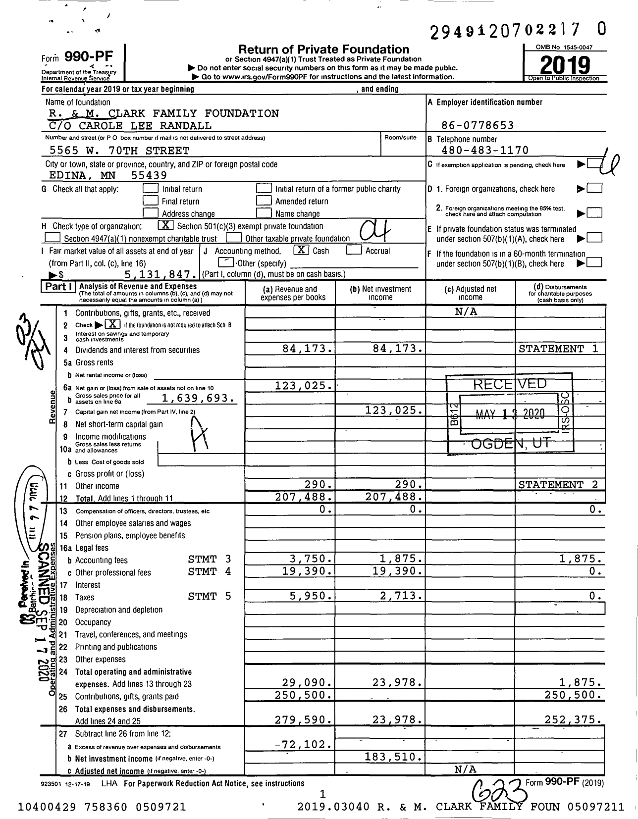 Image of first page of 2019 Form 990PR for R and M Clark Family Foundation