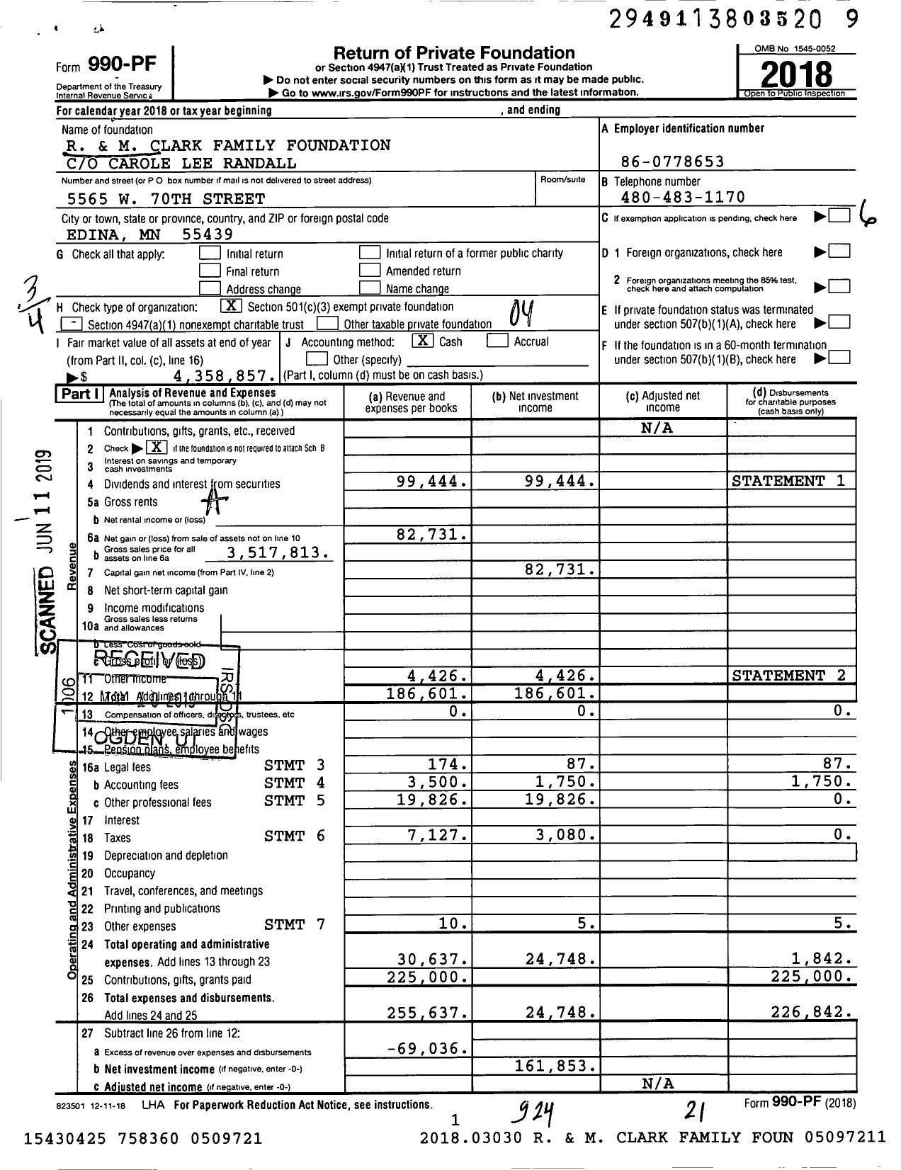 Image of first page of 2018 Form 990PF for R and M Clark Family Foundation