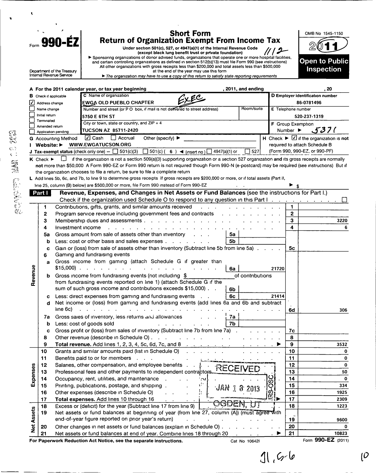 Image of first page of 2011 Form 990EO for Executive Womens Golf Association / Tucson Old Pueblo Az Chapter