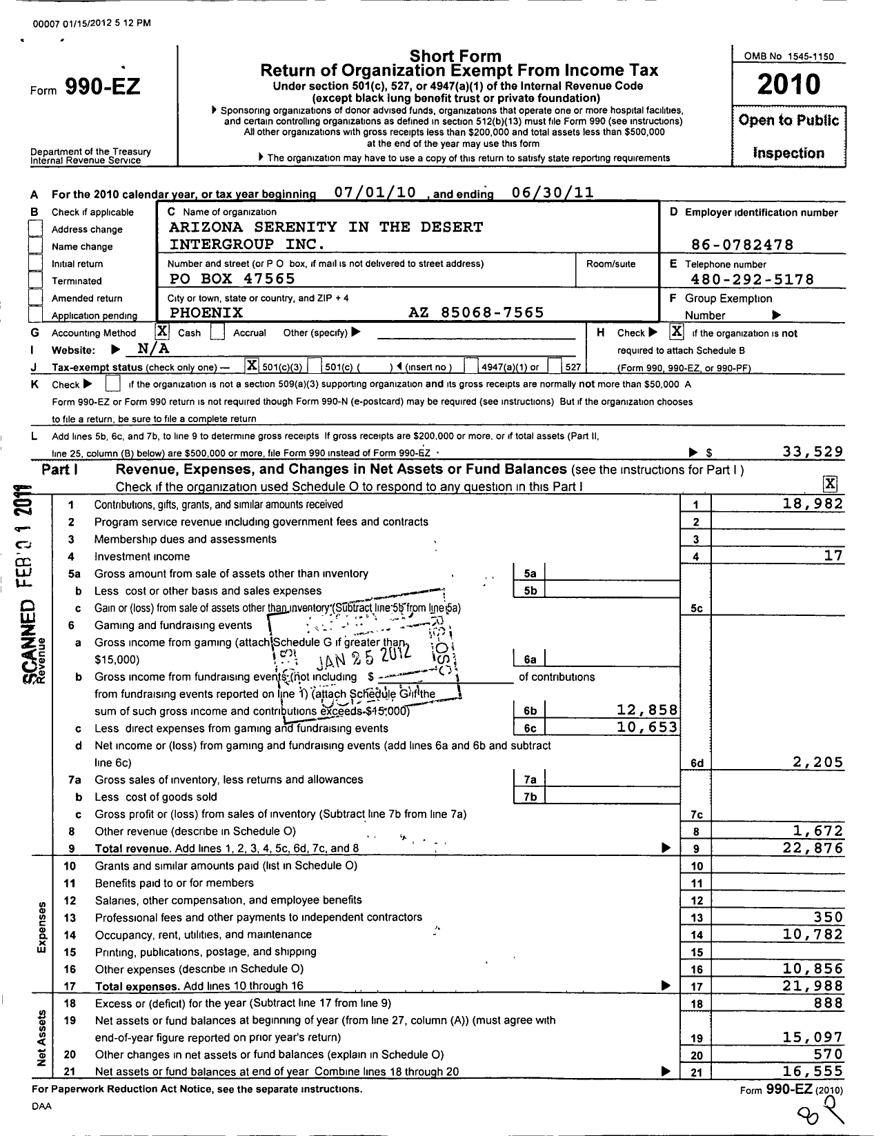 Image of first page of 2010 Form 990EZ for Arizona Intergroup of Overeaters Anonymous