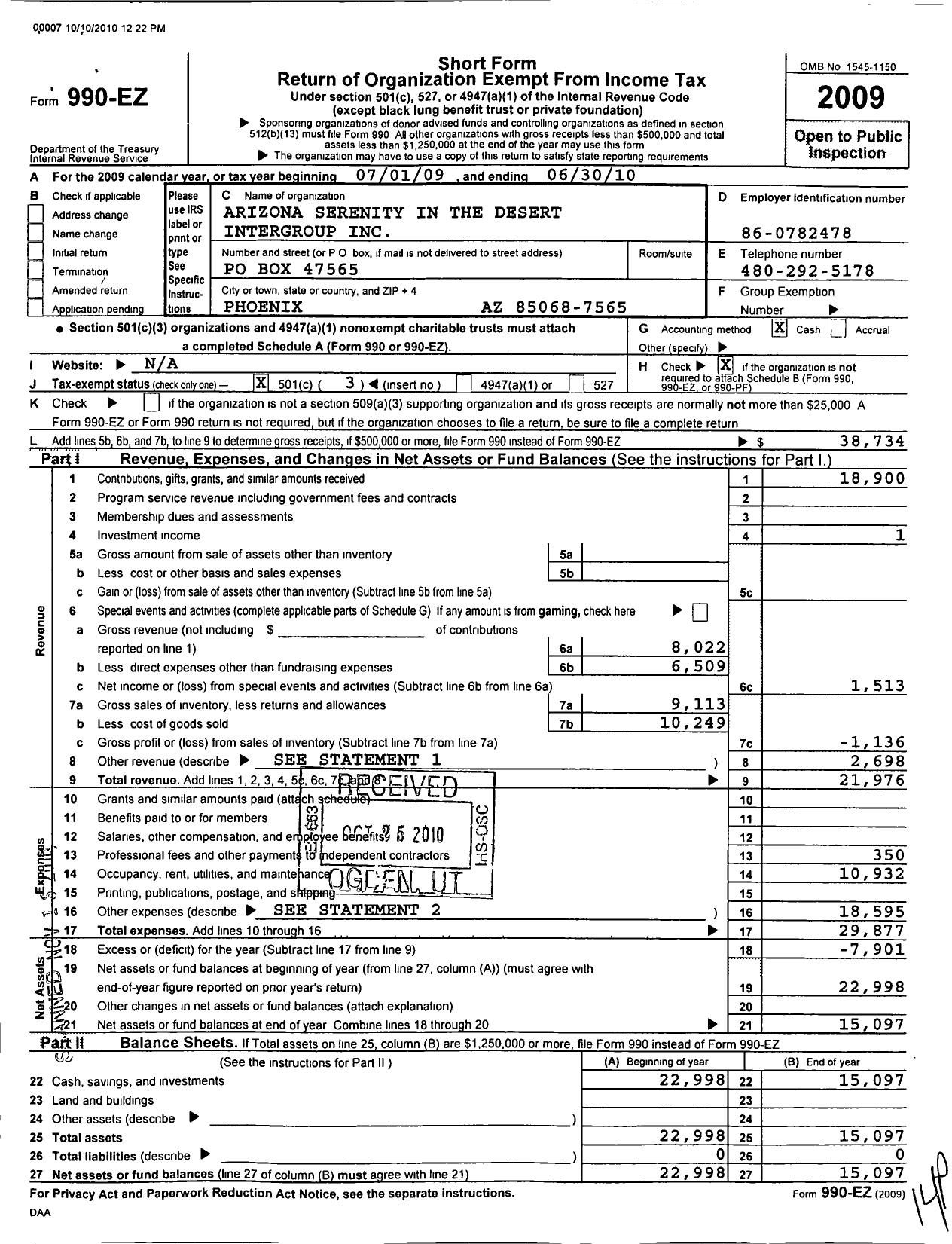 Image of first page of 2009 Form 990EZ for Arizona Intergroup of Overeaters Anonymous