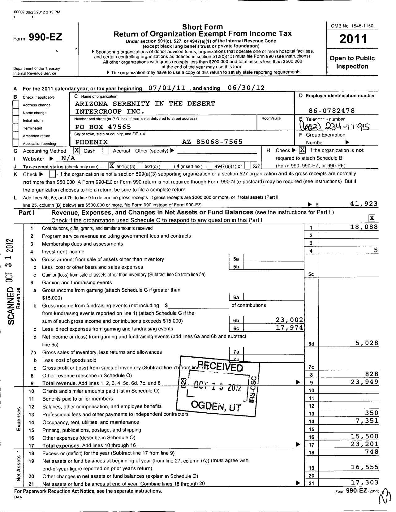 Image of first page of 2011 Form 990EZ for Arizona Intergroup of Overeaters Anonymous