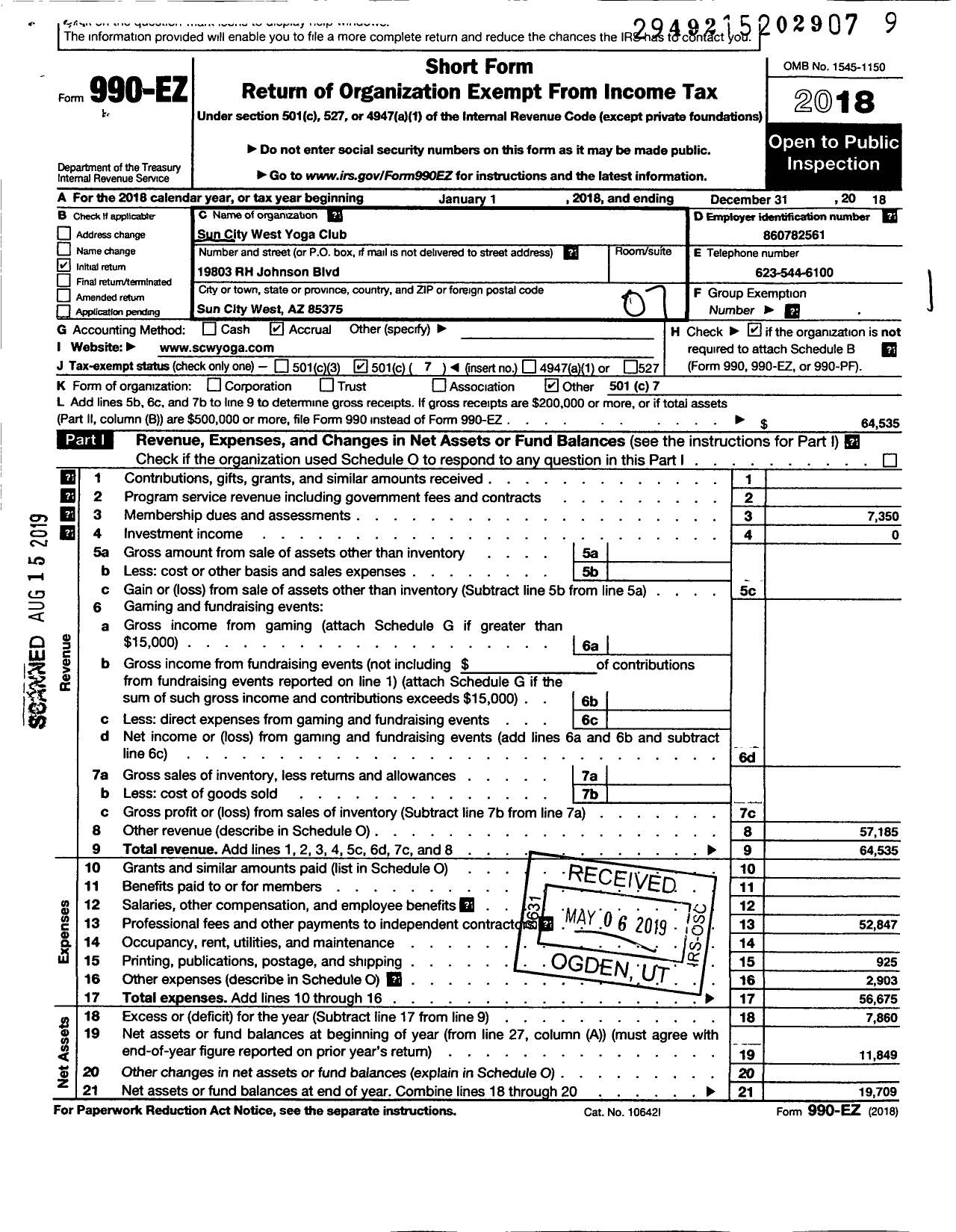 Image of first page of 2018 Form 990EO for Sun City West Yoga Club