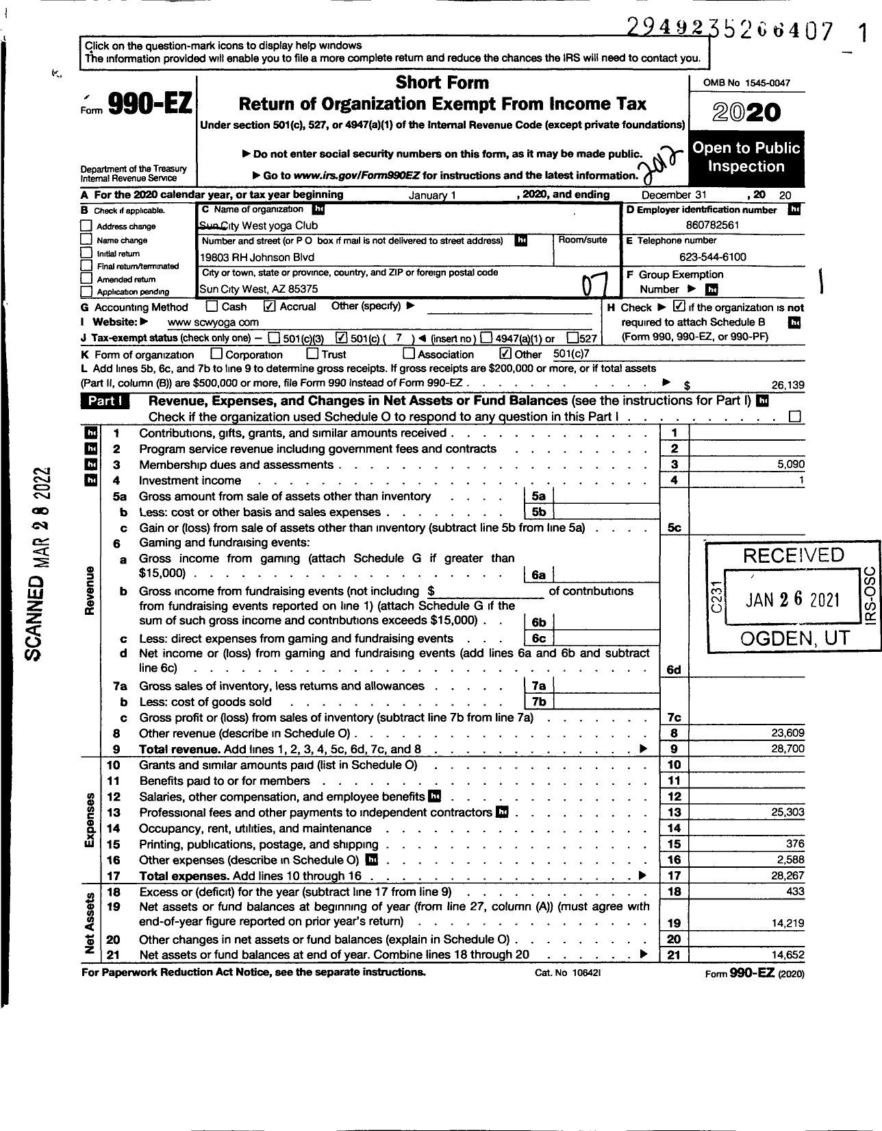 Image of first page of 2020 Form 990EO for Sun City West Yoga Club