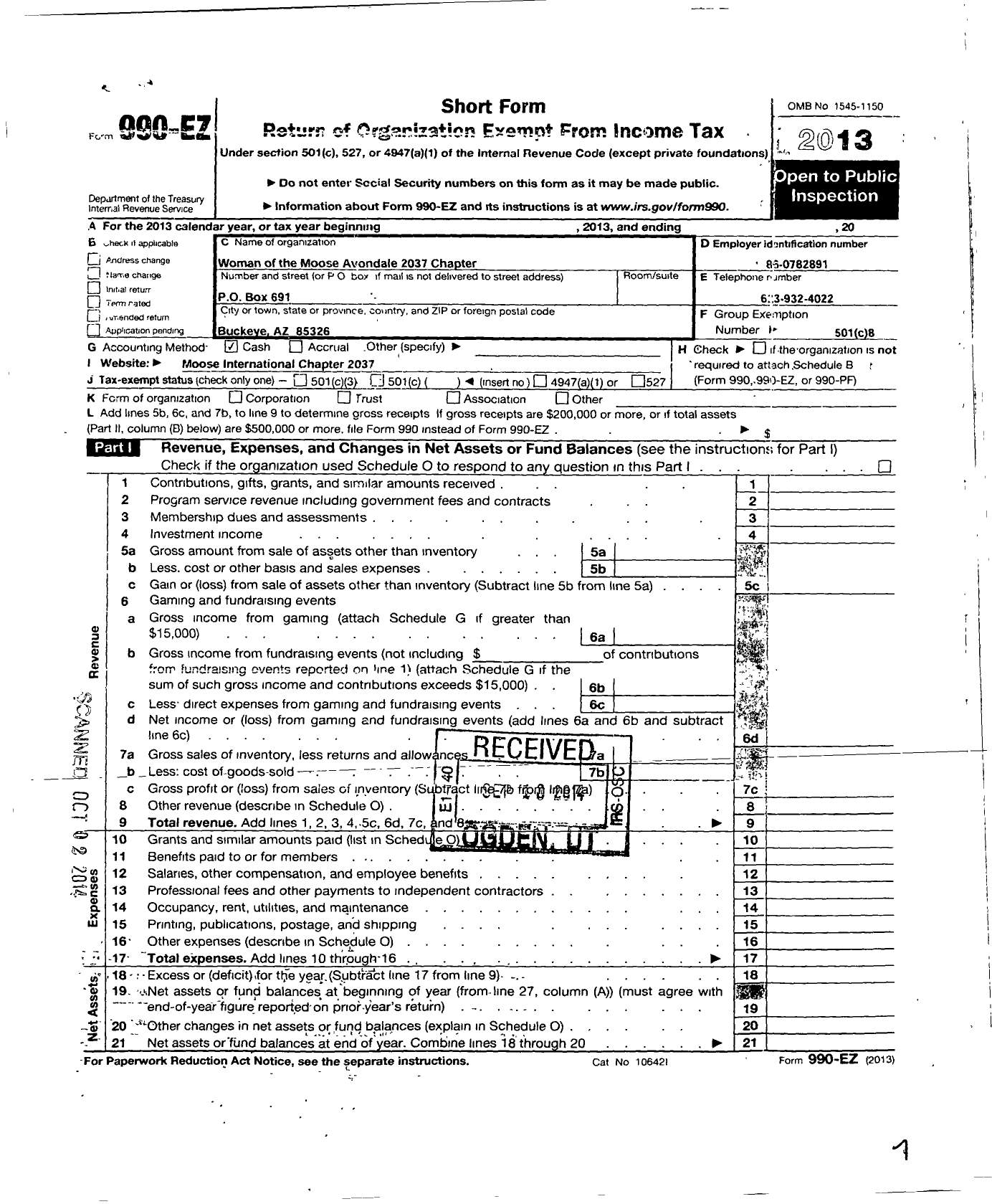 Image of first page of 2013 Form 990EO for Loyal Order of Moose - 2037