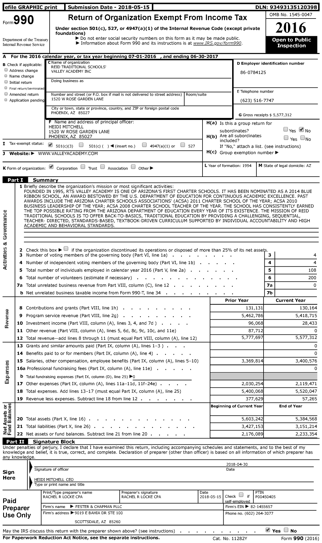 Image of first page of 2016 Form 990 for Reid Traditional Schools' Valley Academy
