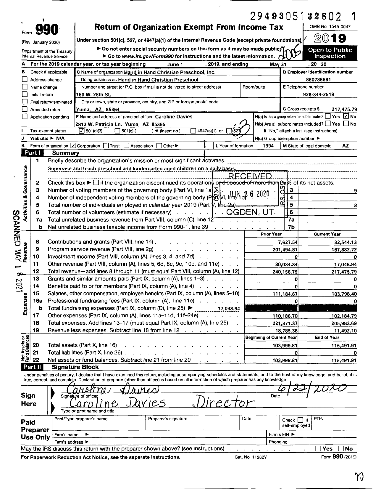 Image of first page of 2019 Form 990 for Hand in Hand Christian Preschool