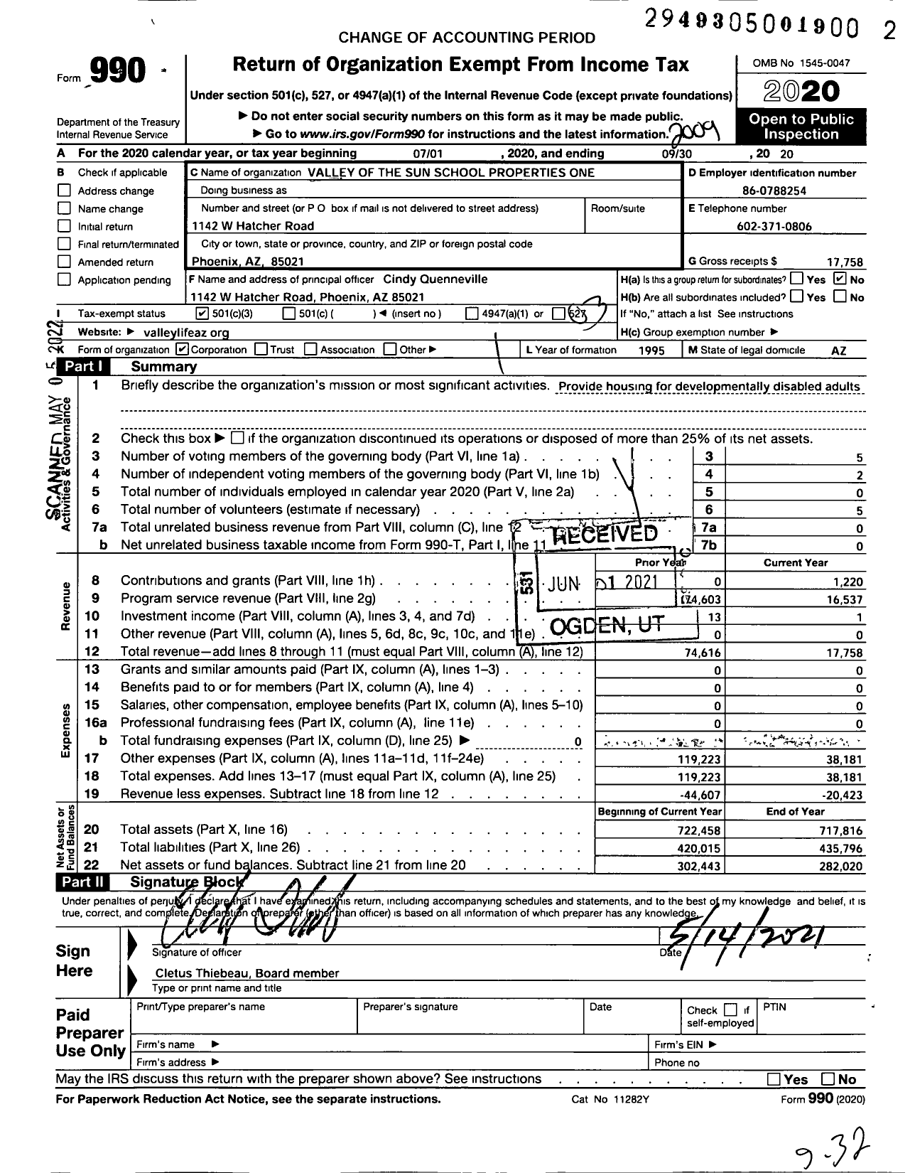 Image of first page of 2019 Form 990 for Valley of the Sun School Properties One