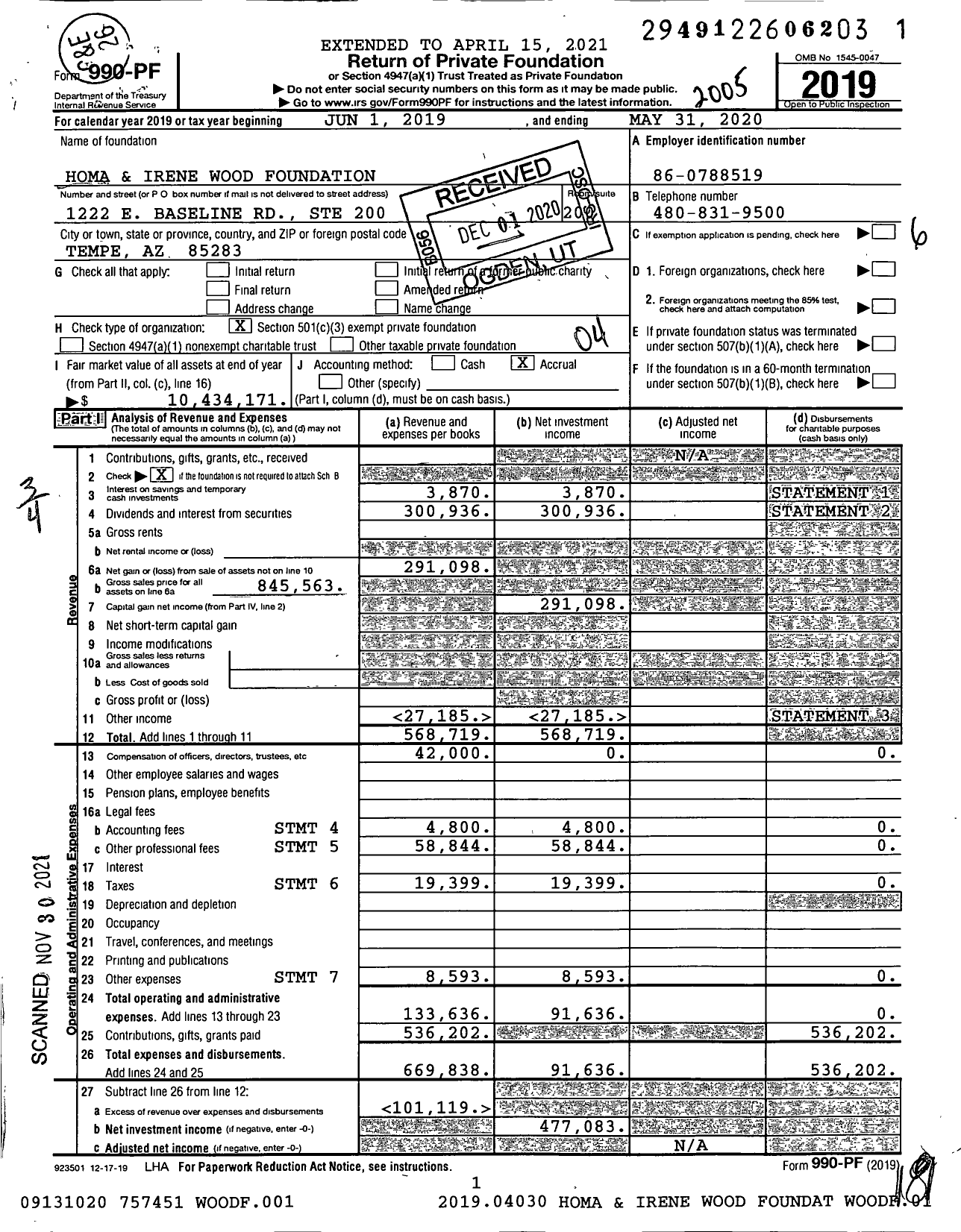 Image of first page of 2019 Form 990PF for Homa and Irene Wood Foundation