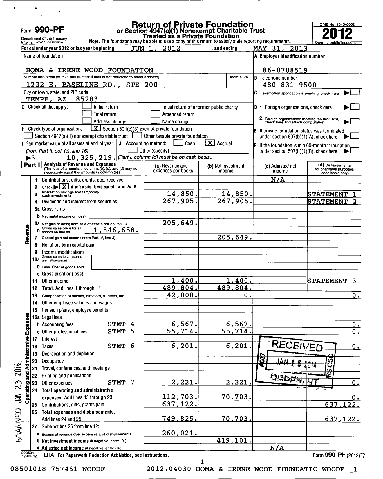 Image of first page of 2012 Form 990PF for Homa and Irene Wood Foundation
