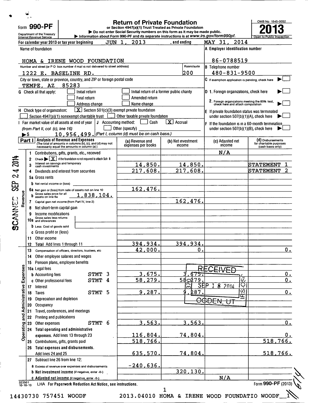 Image of first page of 2013 Form 990PF for Homa and Irene Wood Foundation