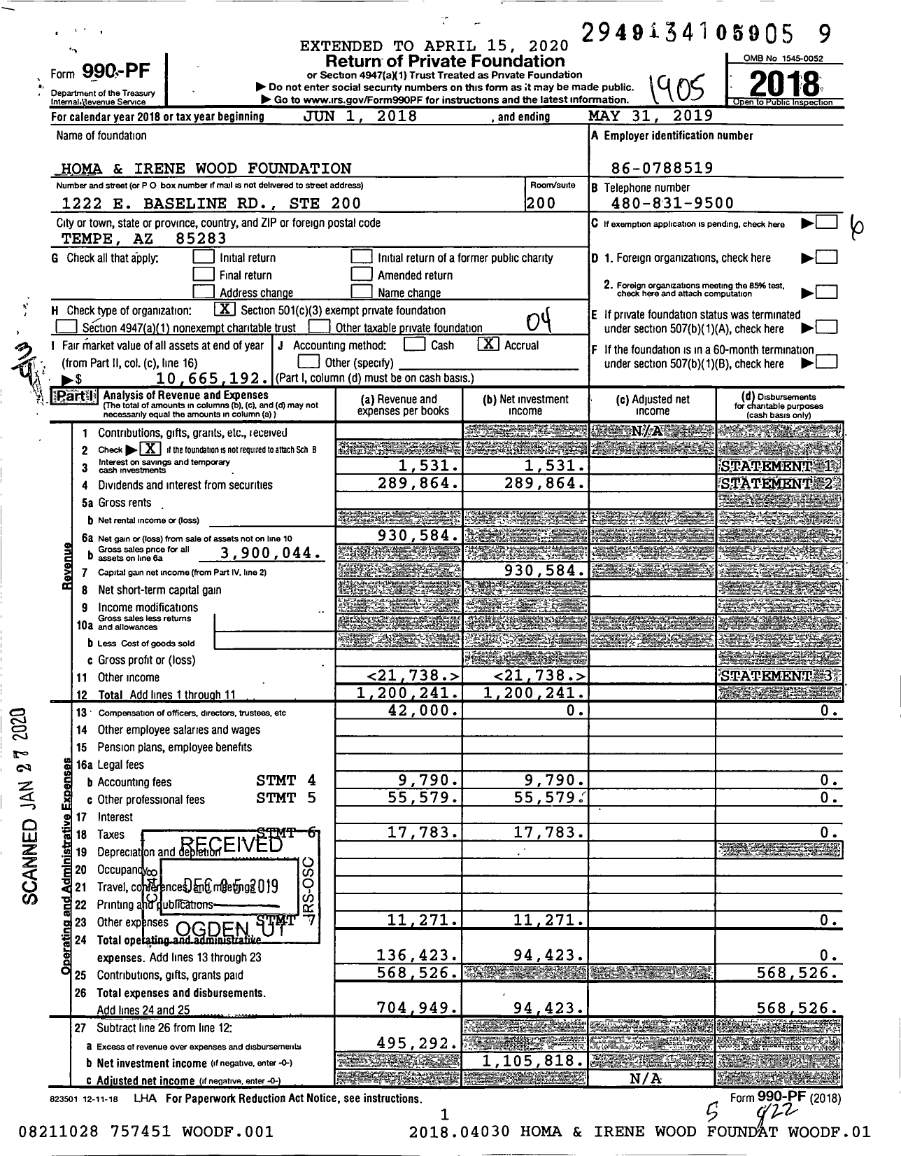 Image of first page of 2018 Form 990PF for Homa and Irene Wood Foundation