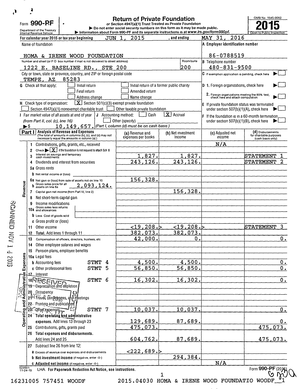 Image of first page of 2015 Form 990PF for Homa and Irene Wood Foundation