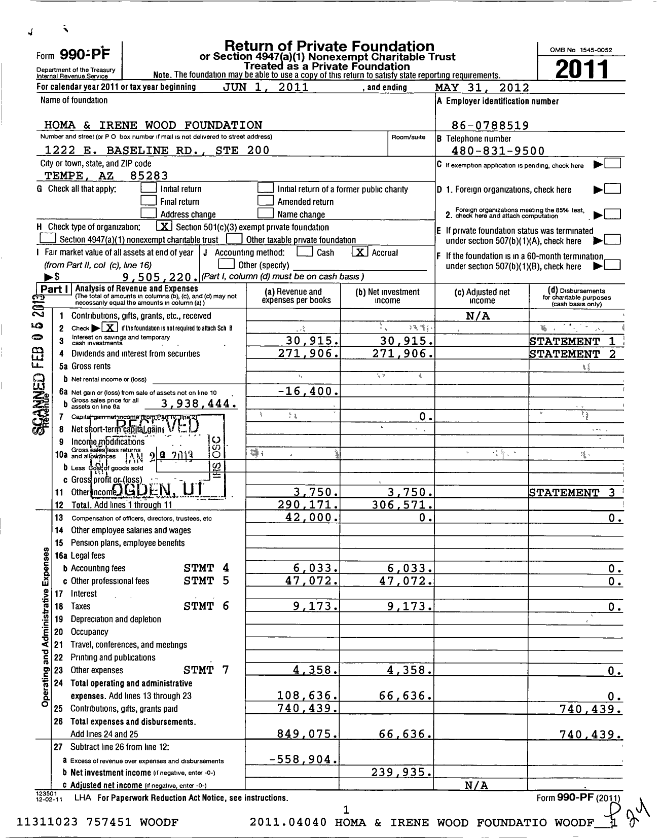 Image of first page of 2011 Form 990PF for Homa and Irene Wood Foundation