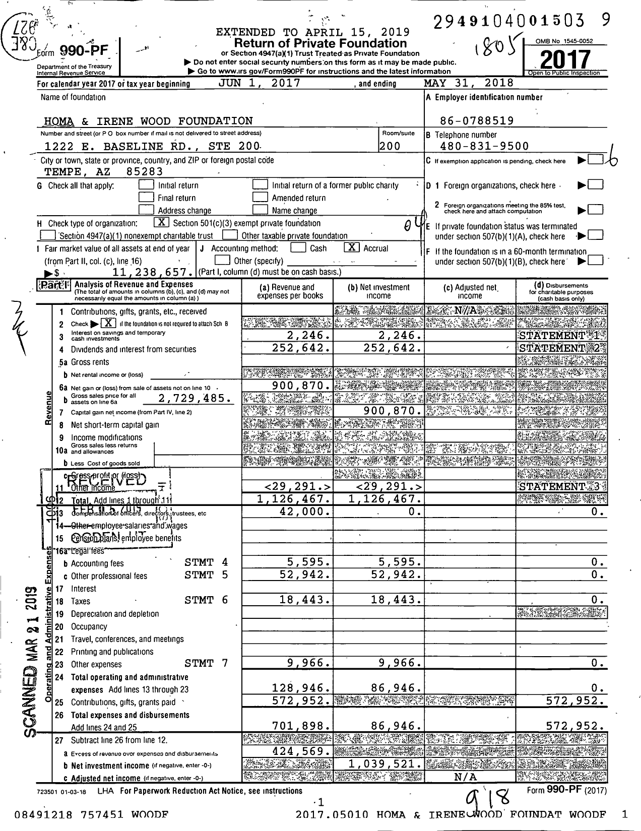 Image of first page of 2017 Form 990PF for Homa and Irene Wood Foundation
