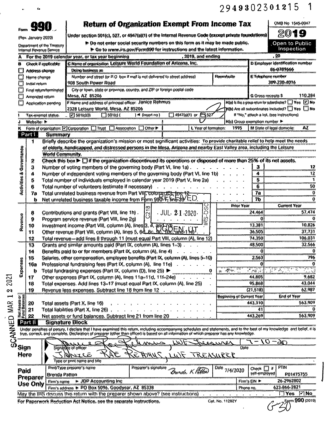 Image of first page of 2019 Form 990 for Leisure World Foundation of Arizona