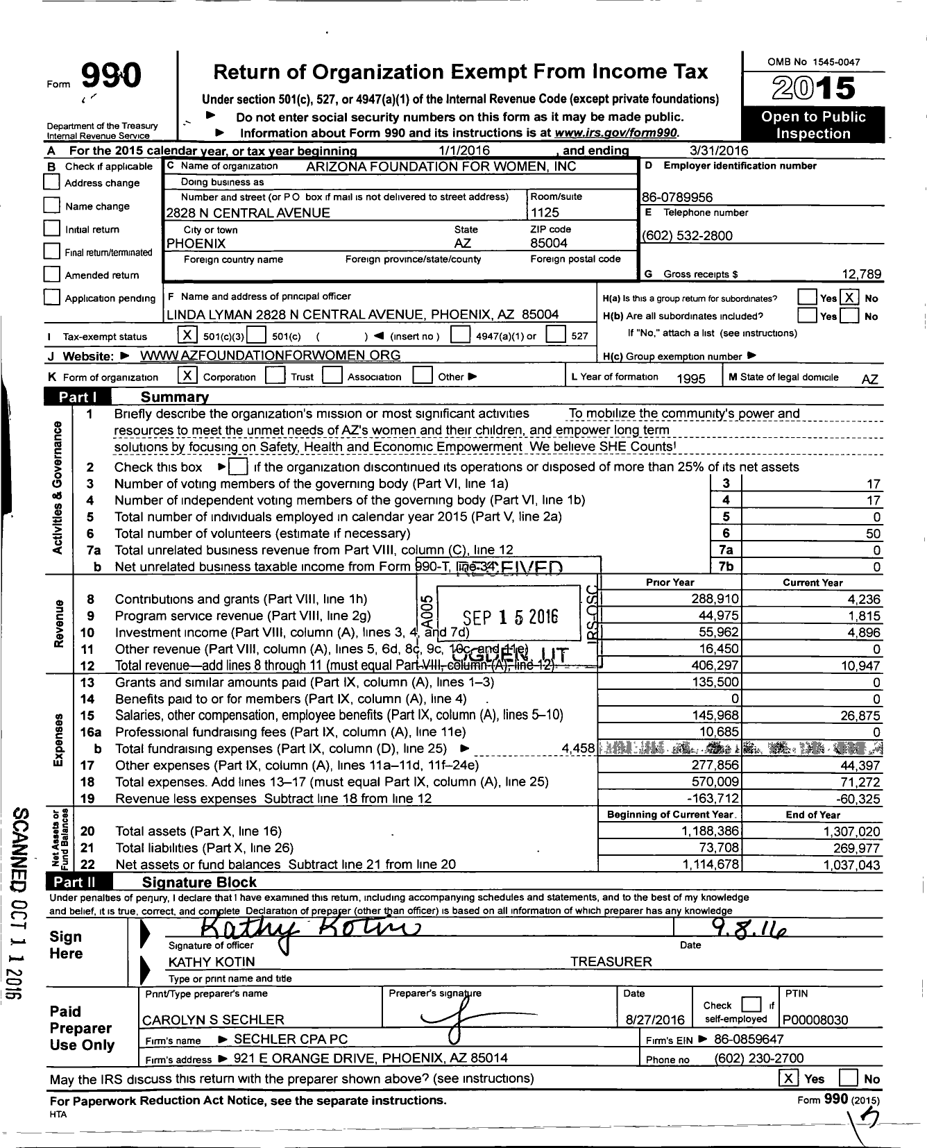Image of first page of 2015 Form 990 for Arizona Foundation for Women