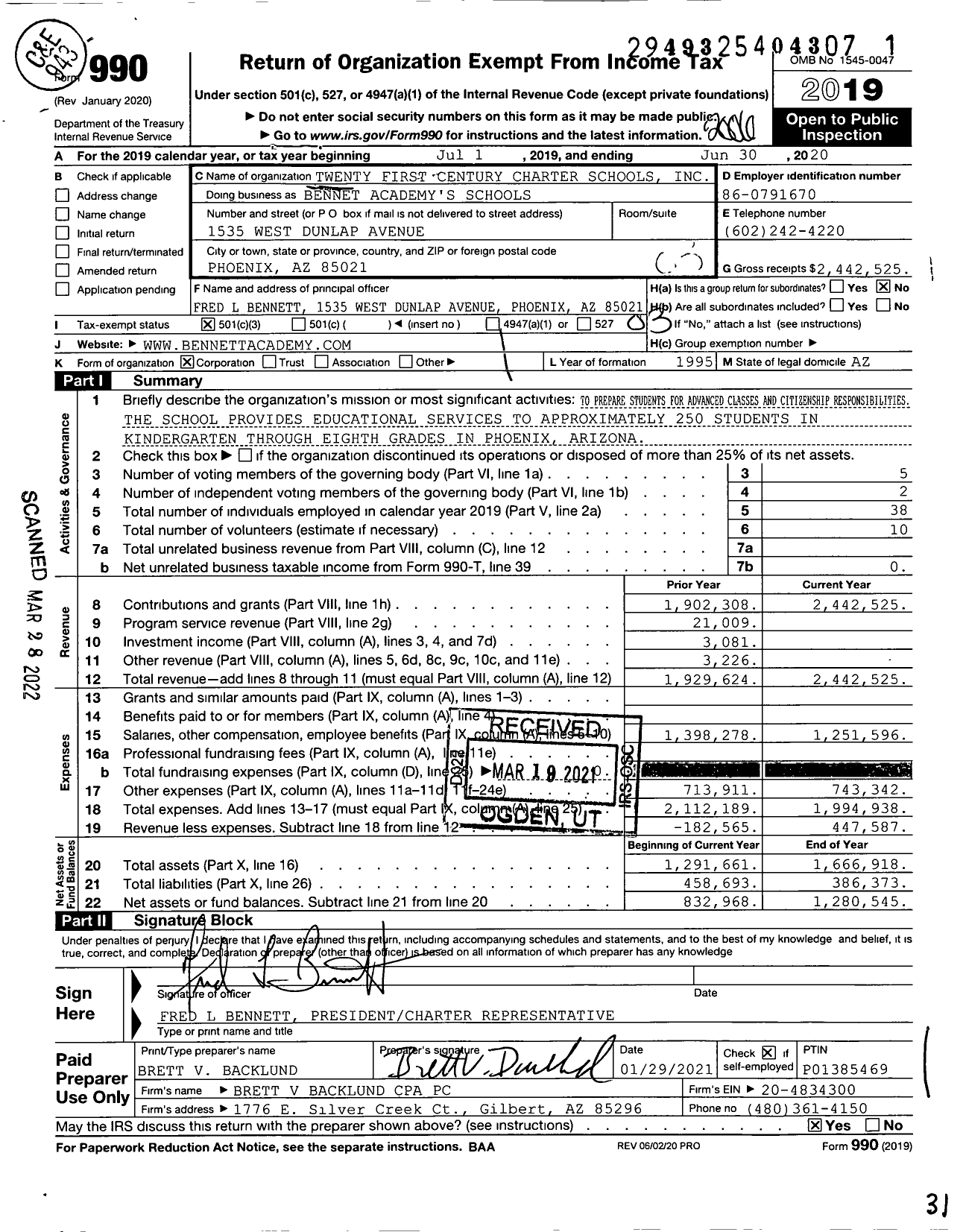 Image of first page of 2019 Form 990 for Bennett Academy and Bennett Academy - Venture Campus