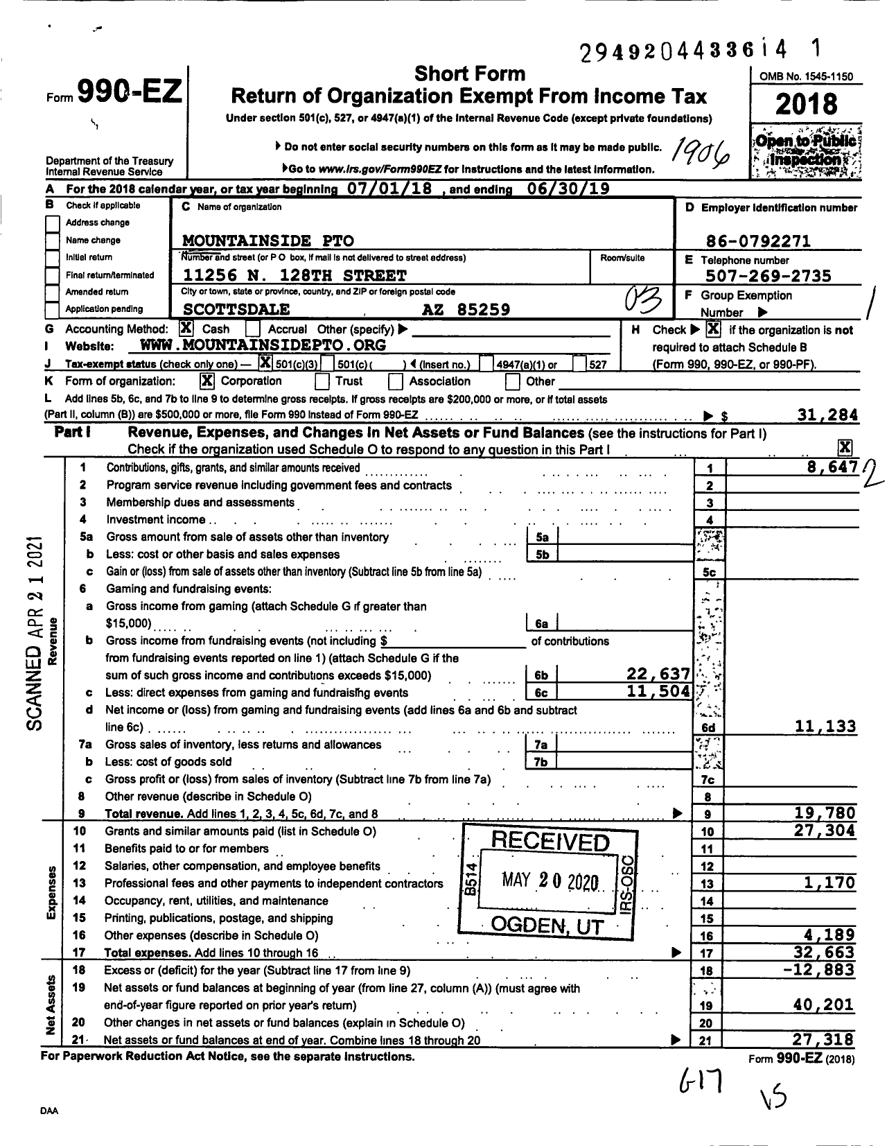 Image of first page of 2018 Form 990EZ for Mountainside PTO