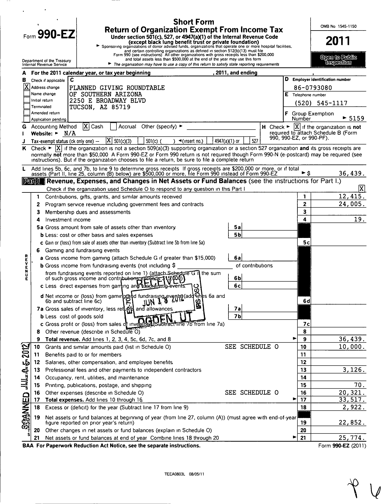 Image of first page of 2011 Form 990EZ for National Association of Charitable Gift Planners / Roundtable of Southern Arizona