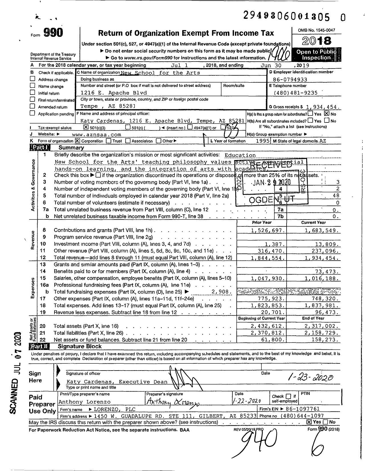 Image of first page of 2018 Form 990 for New School for the Arts