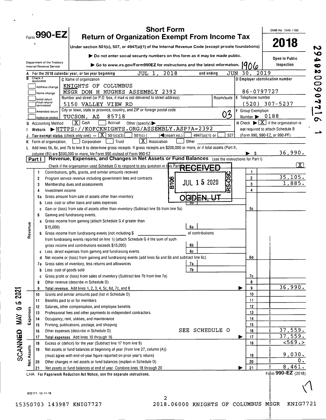 Image of first page of 2018 Form 990EZ for Knights of Columbus - 2392 MSGR Don H Hughes Assembly