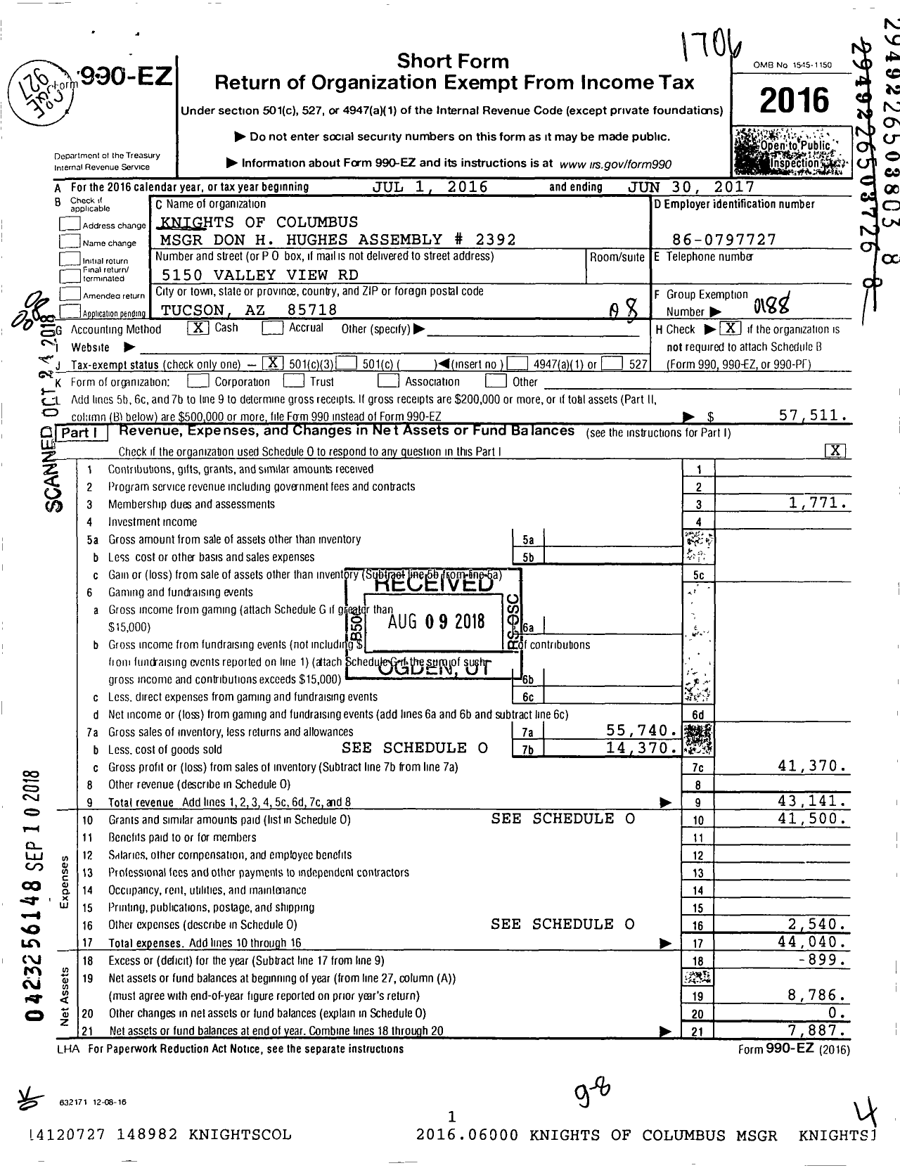 Image of first page of 2016 Form 990EO for Knights of Columbus - 2392 MSGR Don H Hughes Assembly