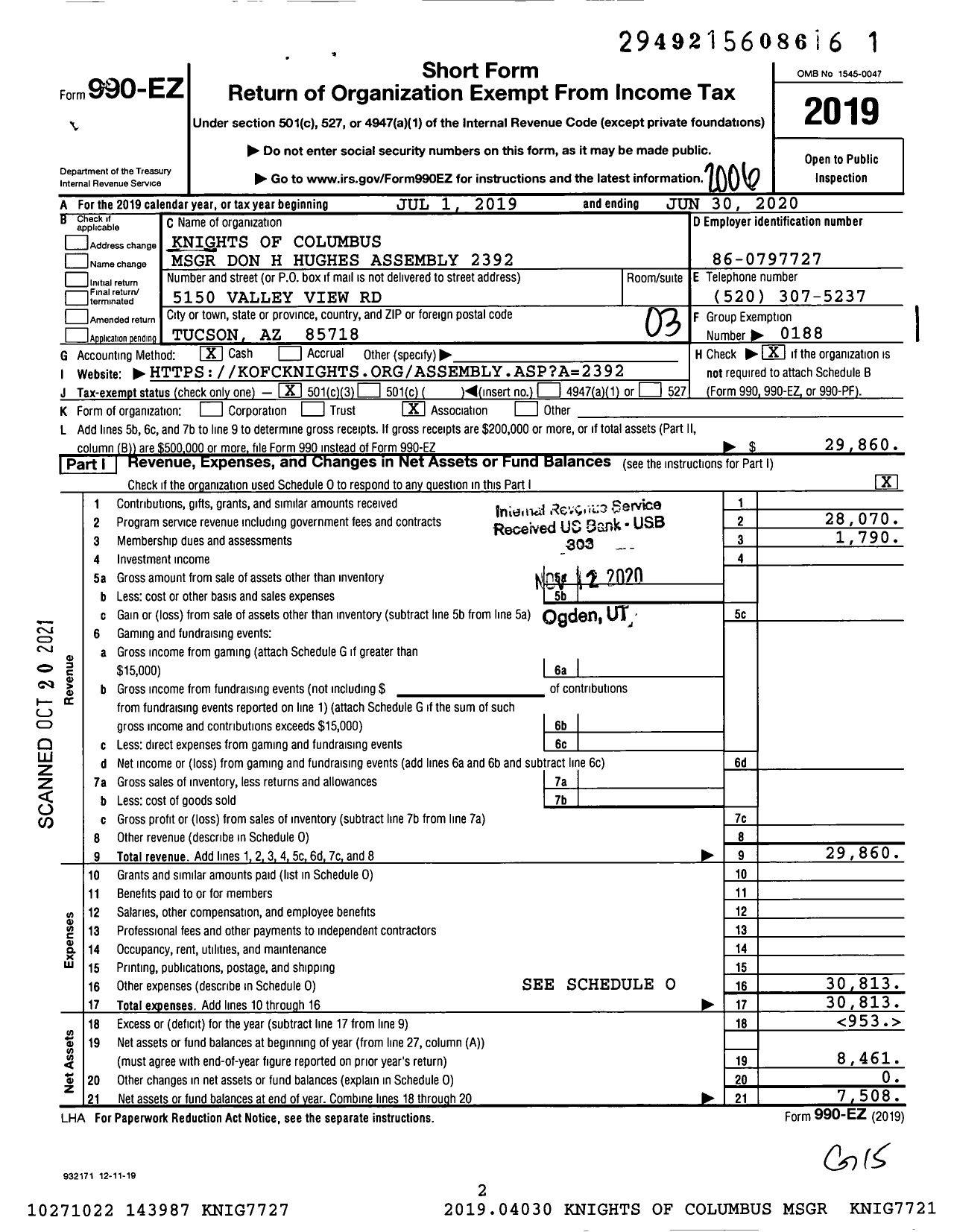 Image of first page of 2019 Form 990EZ for Knights of Columbus - 2392 MSGR Don H Hughes Assembly