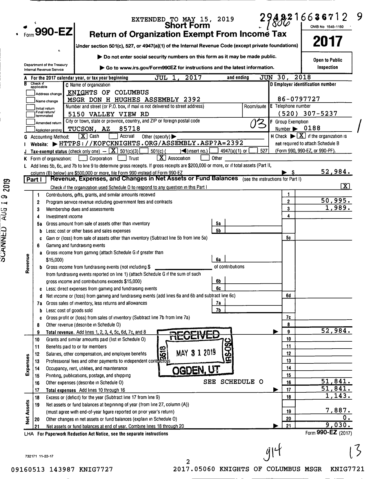 Image of first page of 2017 Form 990EZ for Knights of Columbus - 2392 MSGR Don H Hughes Assembly