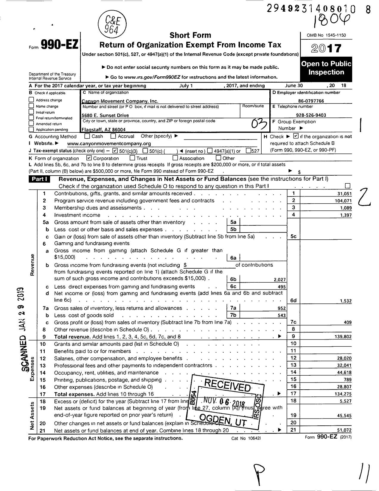 Image of first page of 2017 Form 990EZ for Canyon Movement Company