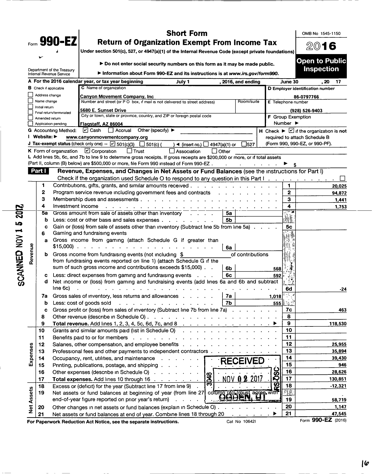 Image of first page of 2016 Form 990EZ for Canyon Movement Company