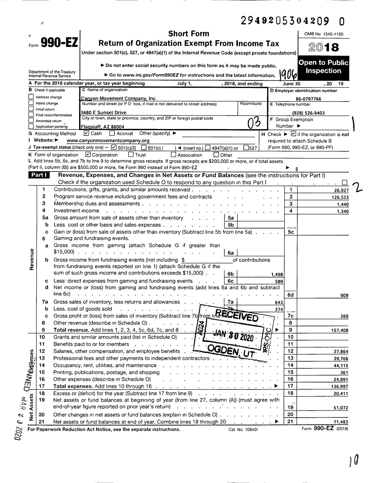 Image of first page of 2018 Form 990EZ for Canyon Movement Company