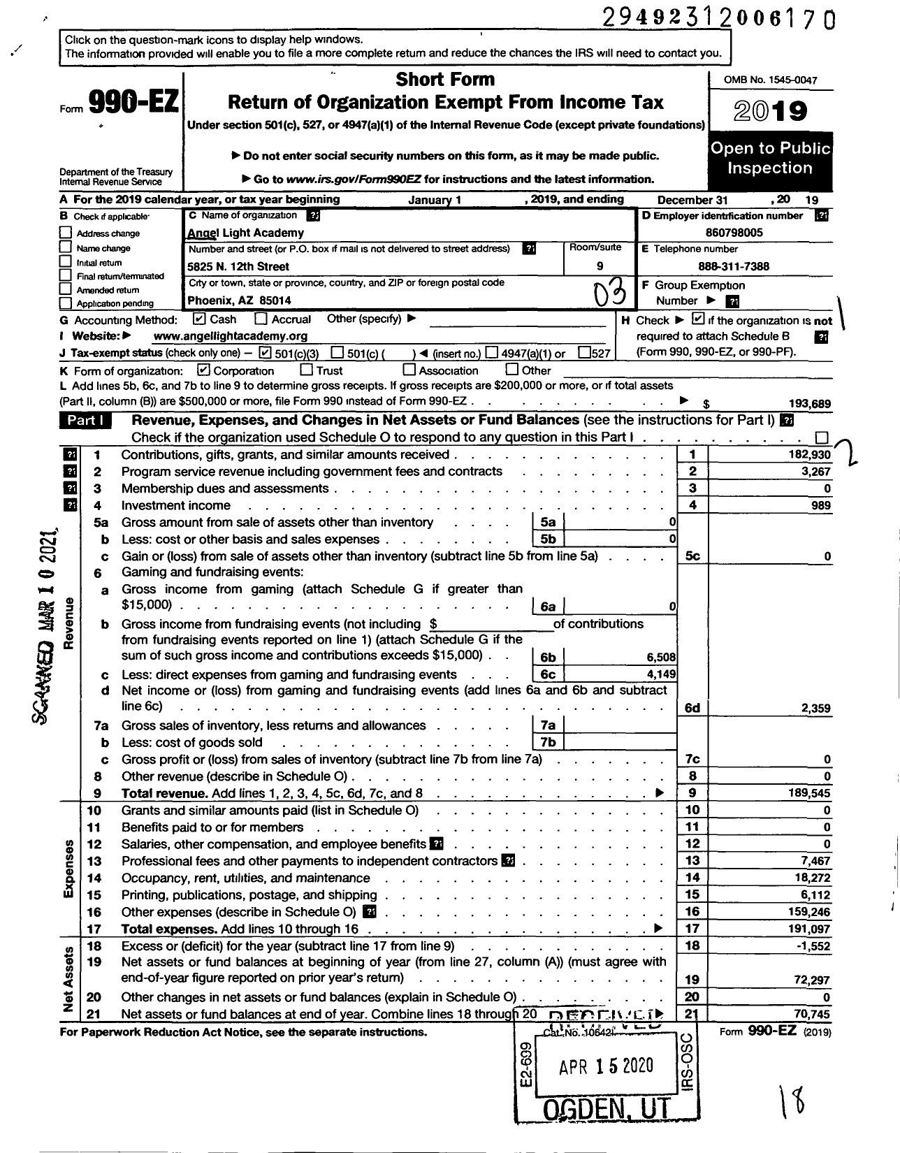 Image of first page of 2019 Form 990EZ for Angel Light Academy