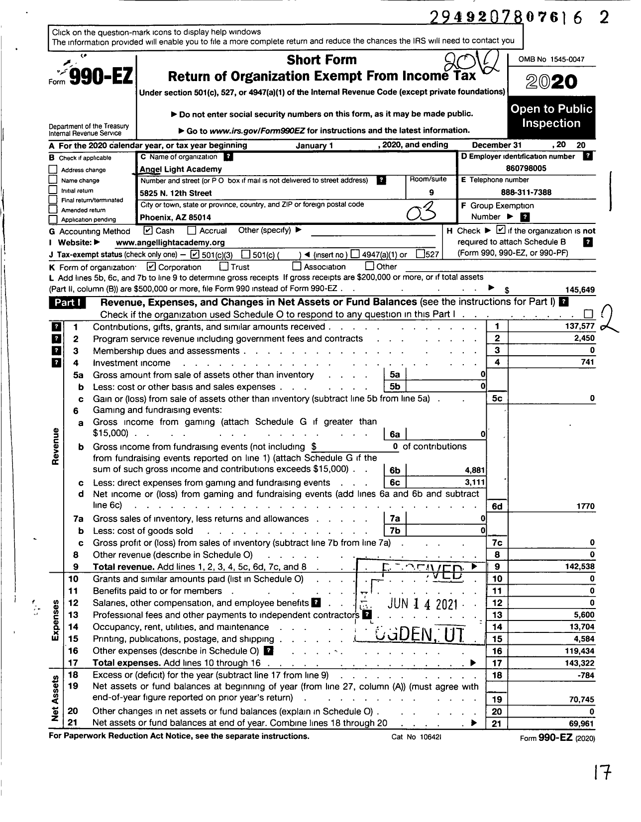 Image of first page of 2020 Form 990EZ for Angel Light Academy