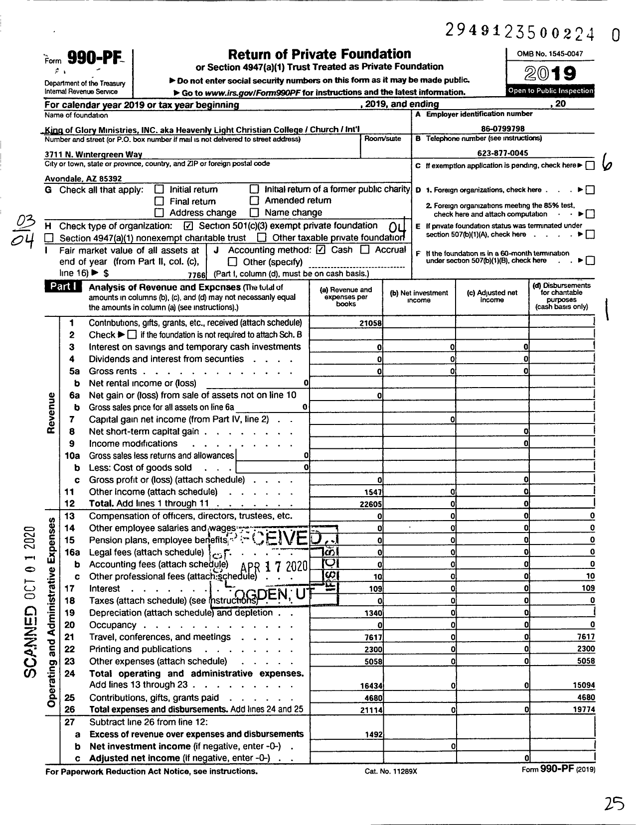 Image of first page of 2019 Form 990PR for King of Glory Ministries / Heavenly Light Christian College Church International