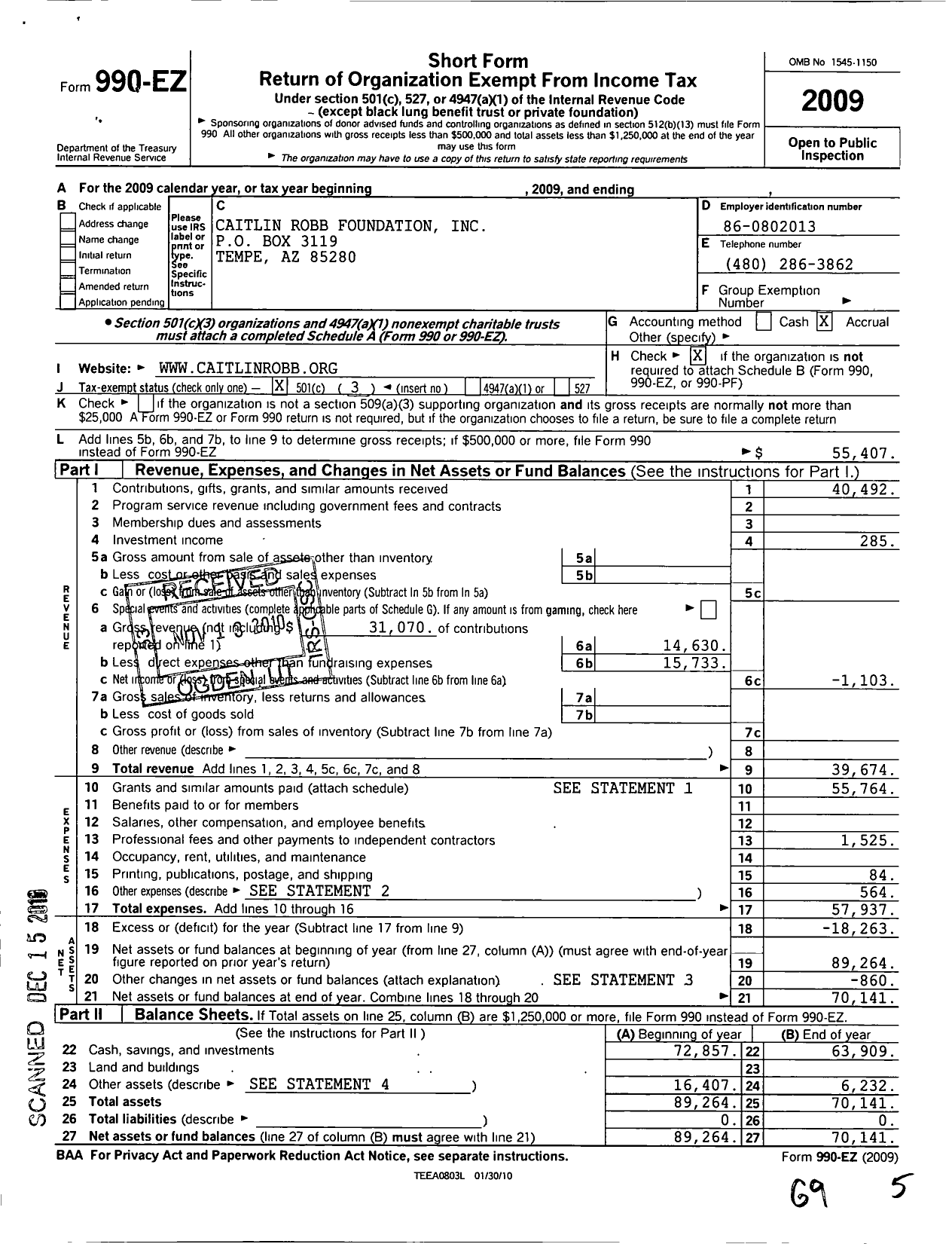 Image of first page of 2009 Form 990EZ for Caitlin Robb Foundation