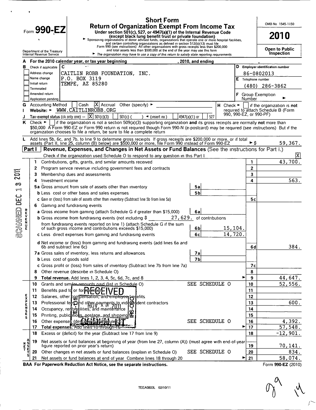 Image of first page of 2010 Form 990EZ for Caitlin Robb Foundation