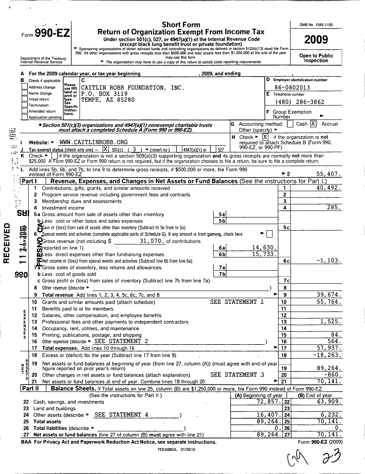 Image of first page of 2009 Form 990EZ for Caitlin Robb Foundation