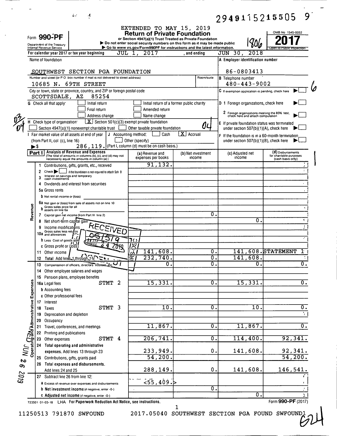 Image of first page of 2017 Form 990PF for Southwest Section Pga Foundation