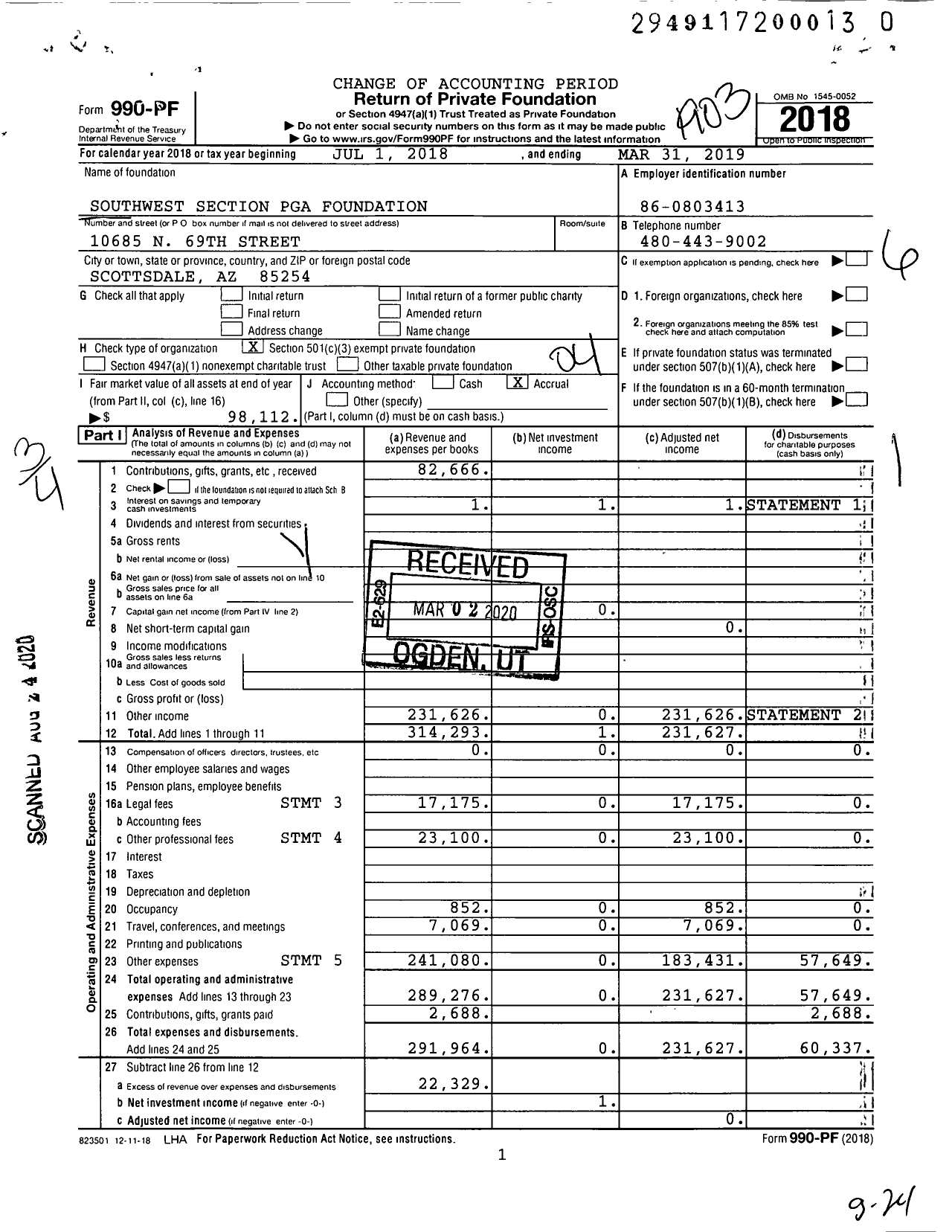 Image of first page of 2018 Form 990PR for Southwest Section Pga Foundation