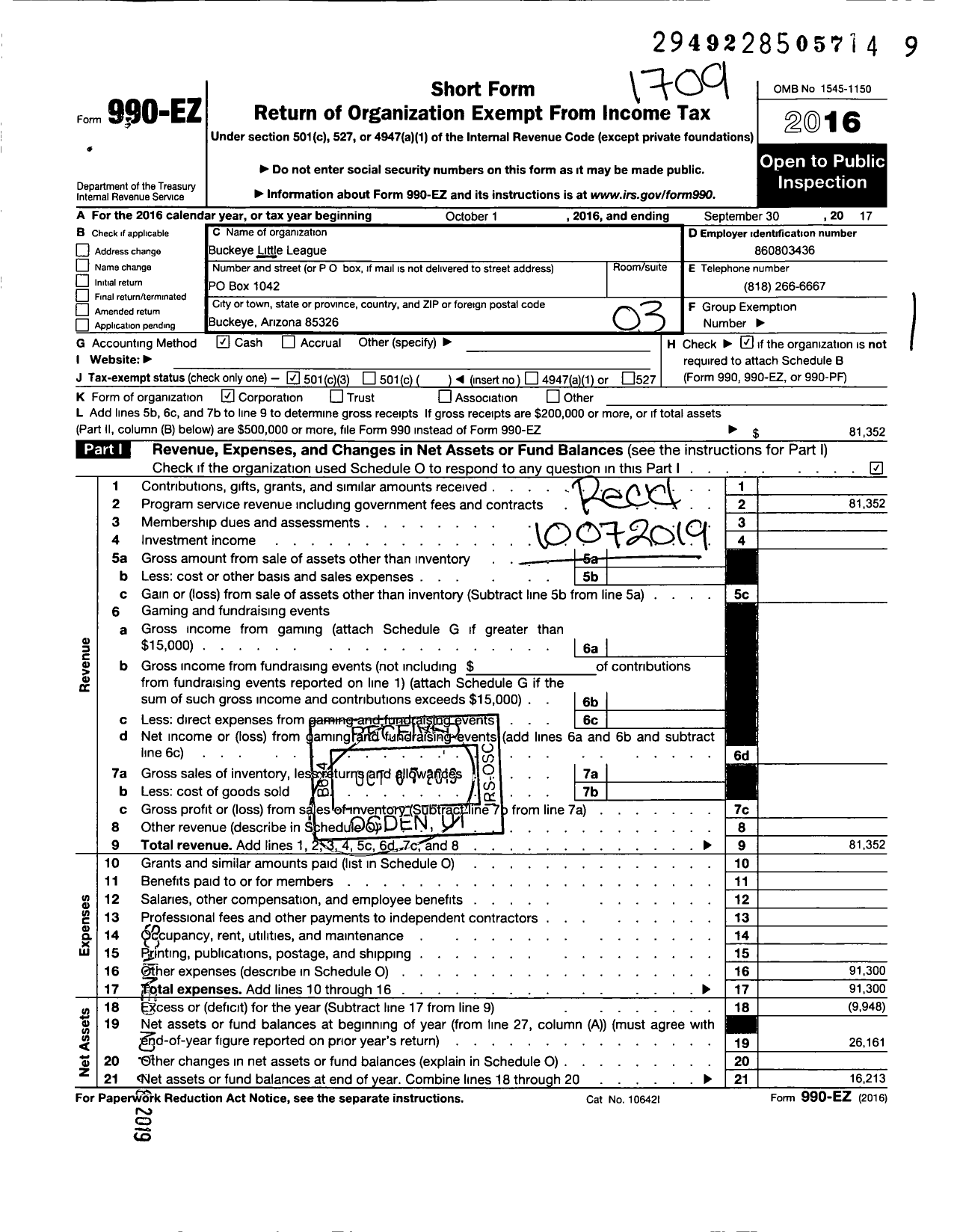 Image of first page of 2016 Form 990EZ for Little League Baseball - 4030201 Buckeye LL