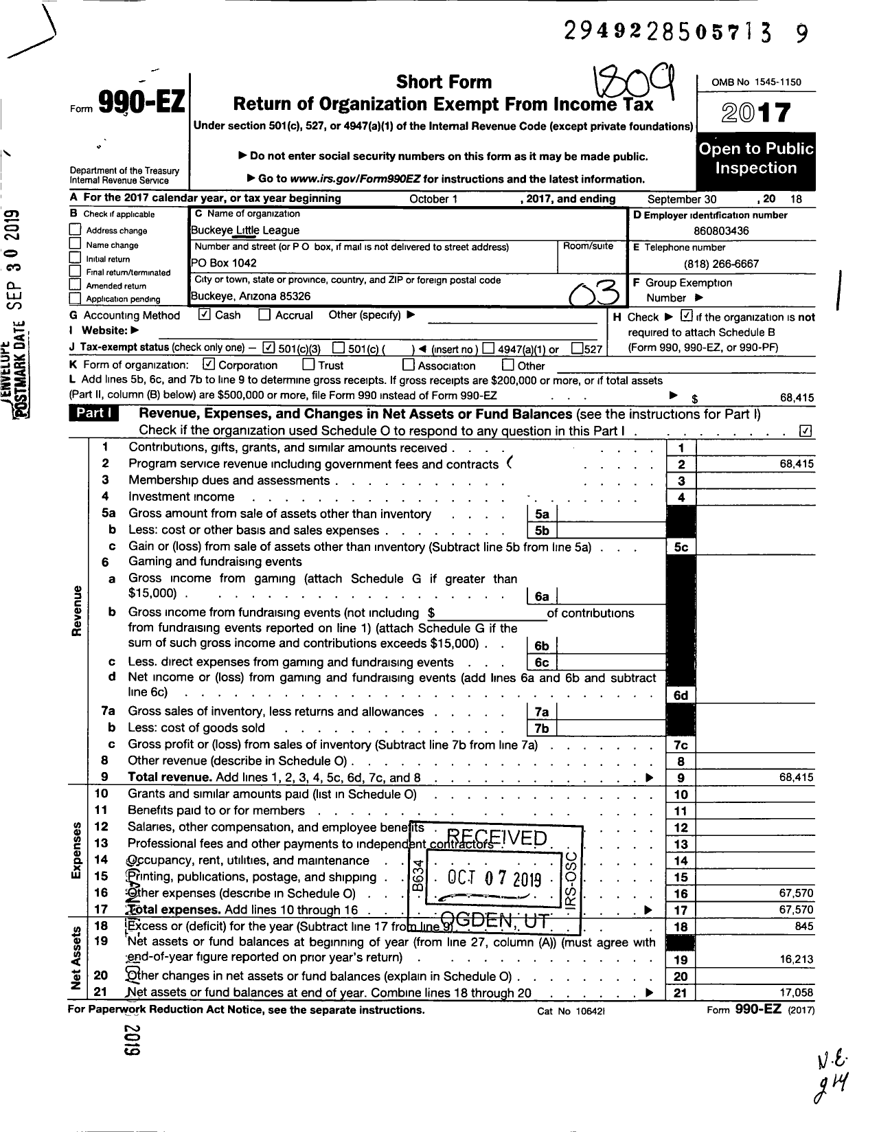 Image of first page of 2017 Form 990EZ for Little League Baseball - 4030201 Buckeye LL