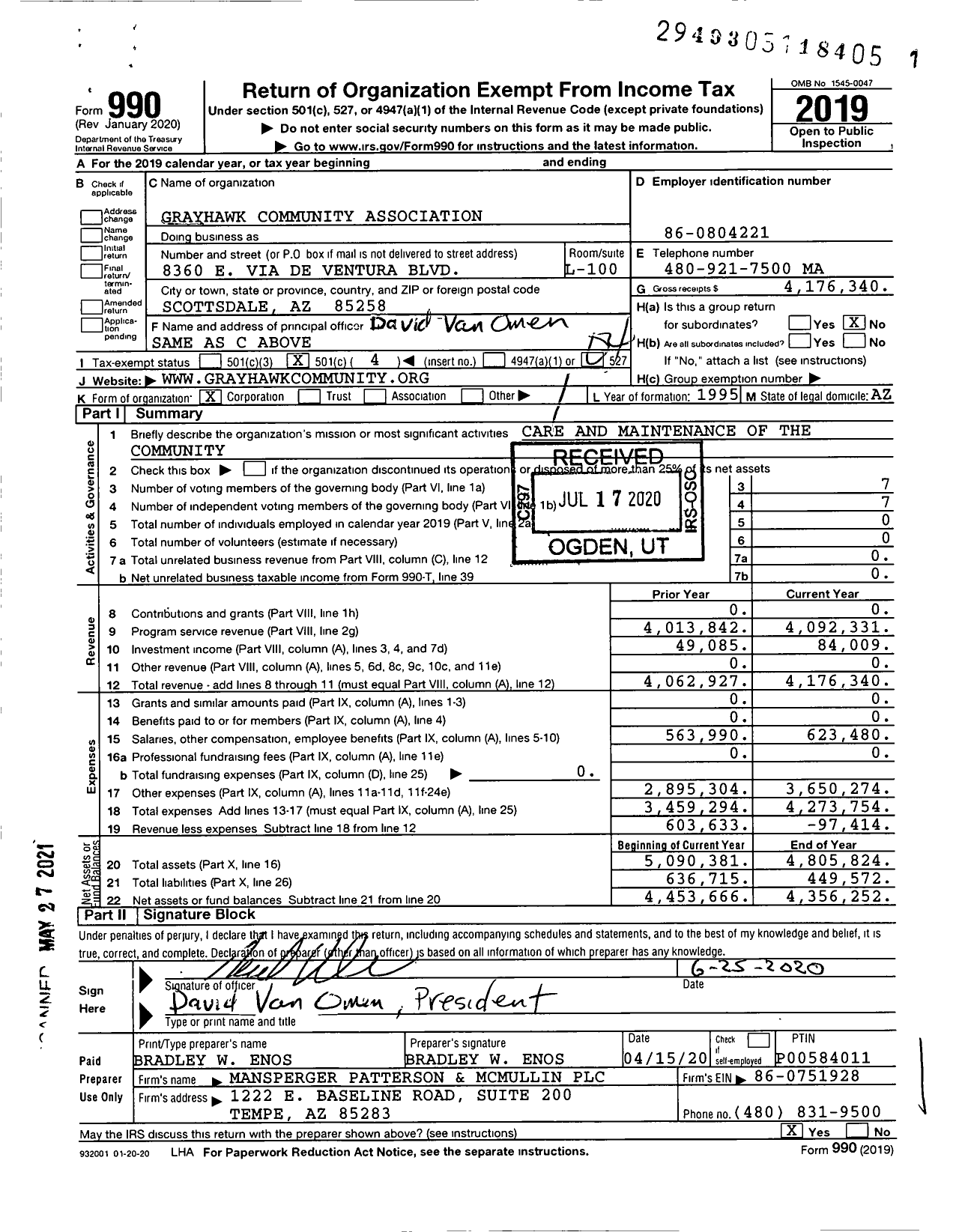 Image of first page of 2019 Form 990O for Grayhawk Community Association